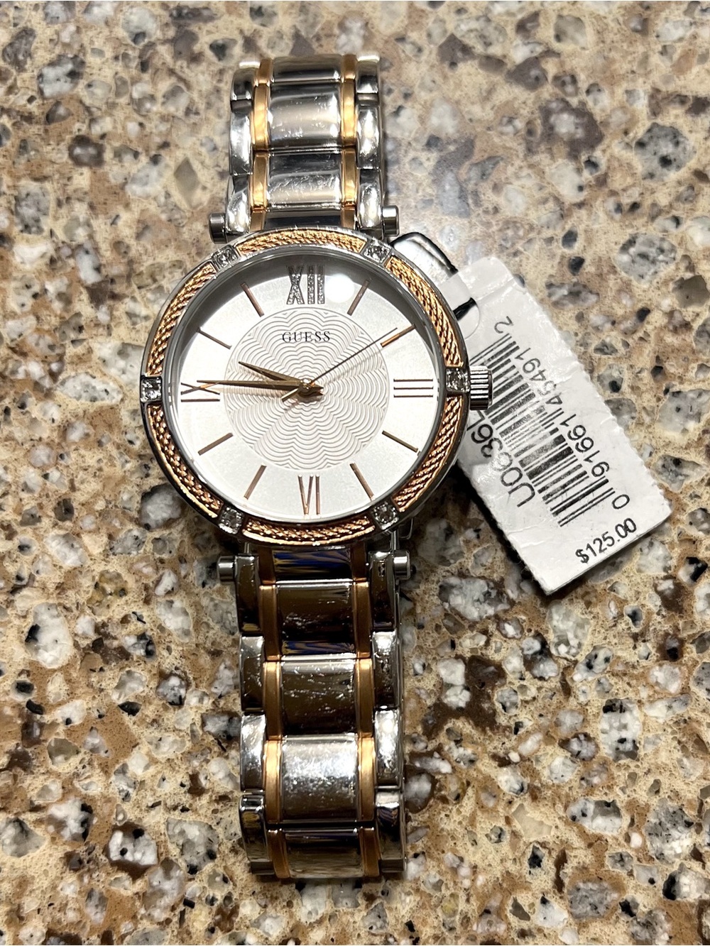 GUESS Women's Two-Tone Silver and Rose Gold Bracelet Watch